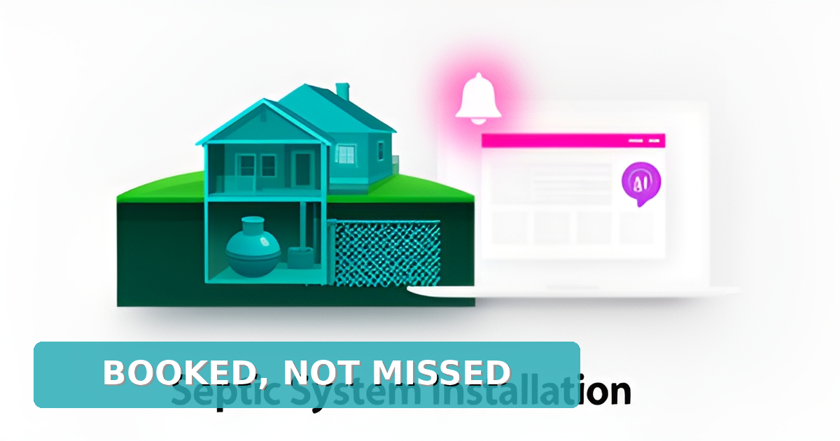 Flat illustration of a house with septic system beside a laptop showing a website and AI lead notifications in teal and magenta accents.