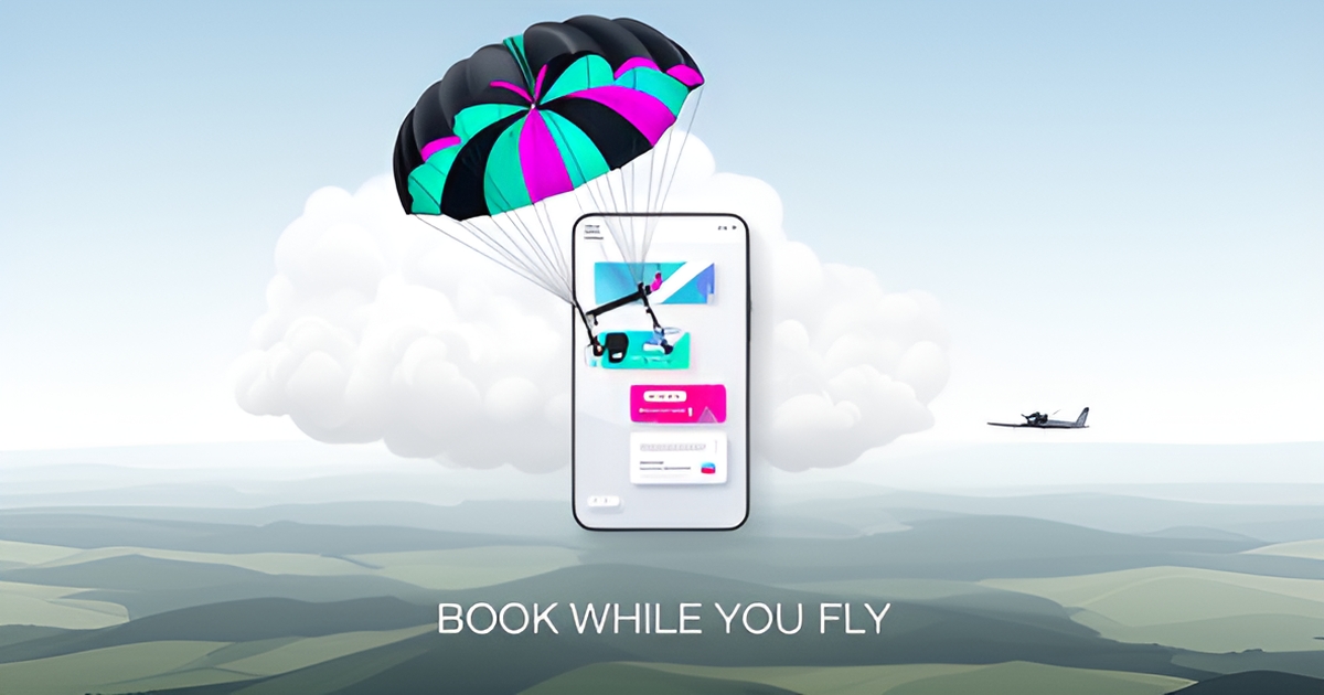 Flat illustration of a parachute and aircraft above a floating booking interface, symbolizing a skydiving website that captures tandem bookings automatically.