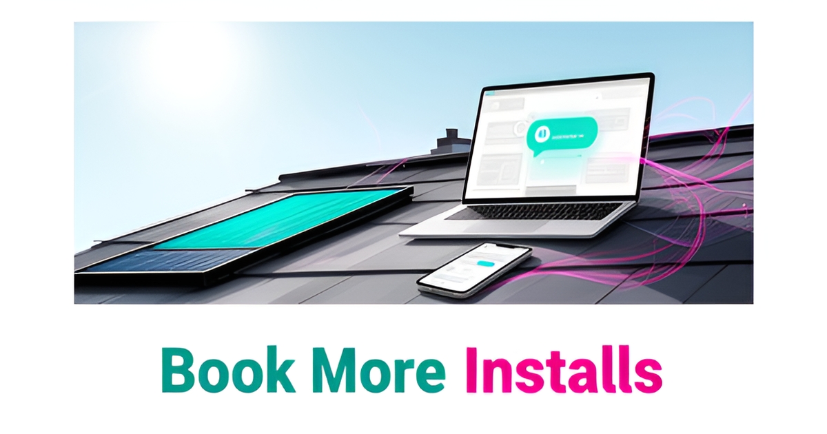 Flat illustration of solar panels on a rooftop beside a laptop showing an AI website with chat notifications, headlined Book More Installs.