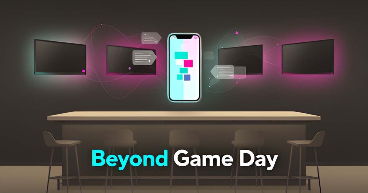 Flat illustration of a sports bar with TVs, a smartphone ordering interface, and AI automation lines in teal and magenta accents.