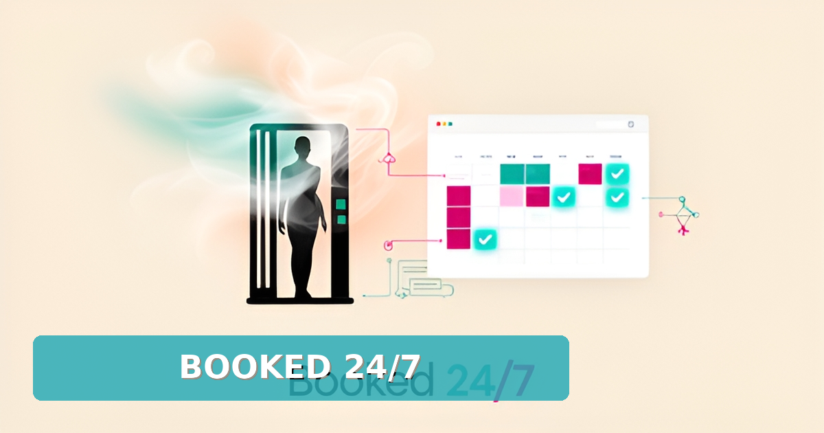 Flat illustration of a spray tan booth linked to a booking website with AI automation accents, headline reading Booked 24/7.