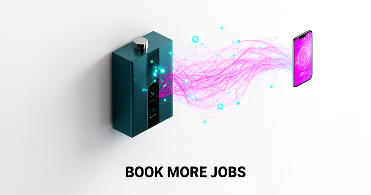 A sleek 3D illustration of a tankless water heater integrated with digital AI automation icons for a professional website.