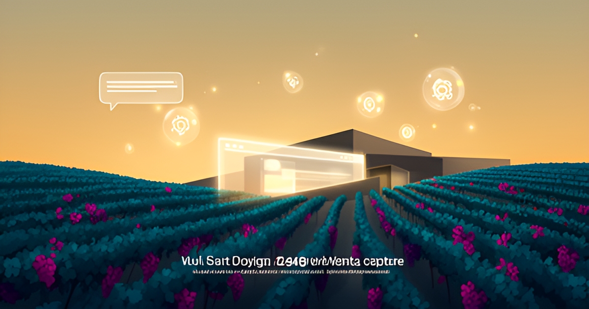 Flat illustration of a teal and magenta vineyard with floating chat and automation icons symbolizing AI-powered wine club growth.