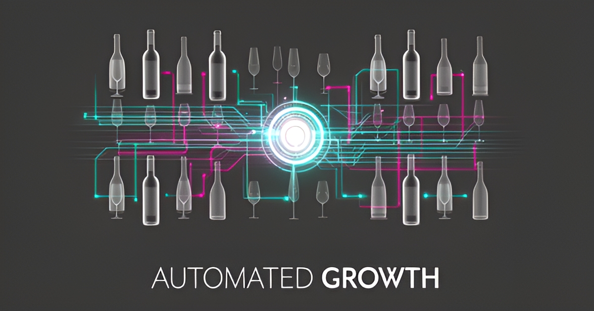 A clean, modern illustration of wine and spirit distribution elements connected by digital data streams representing AI-powered business automation.