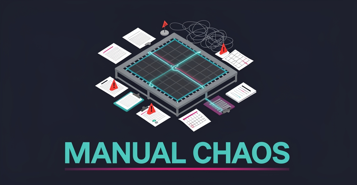 Flat illustration of a trampoline park grid surrounded by scattered paperwork and red warning flags, with a glowing digital data path cutting through the clutter.