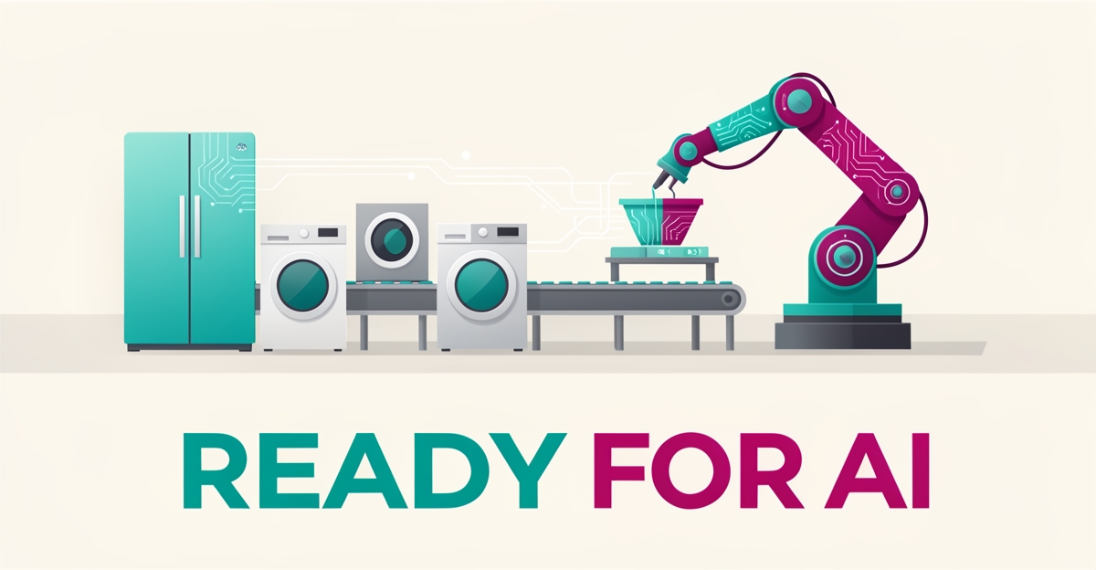 Flat illustration of AI robotic sorting of appliances on a recycling conveyor line with teal and magenta accents.