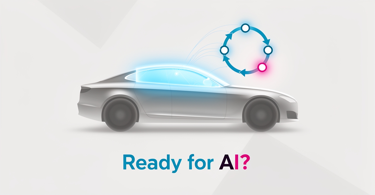 Flat illustration of a car windshield linked to a glowing retention loop in teal and magenta, symbolizing AI-driven customer retention.