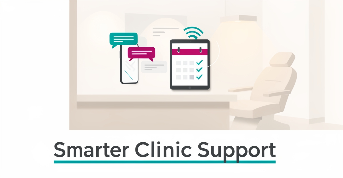 Flat illustration of a modern Botox clinic reception with floating chat bubbles and calendar icons in teal and magenta, headlined Smarter Clinic Support.