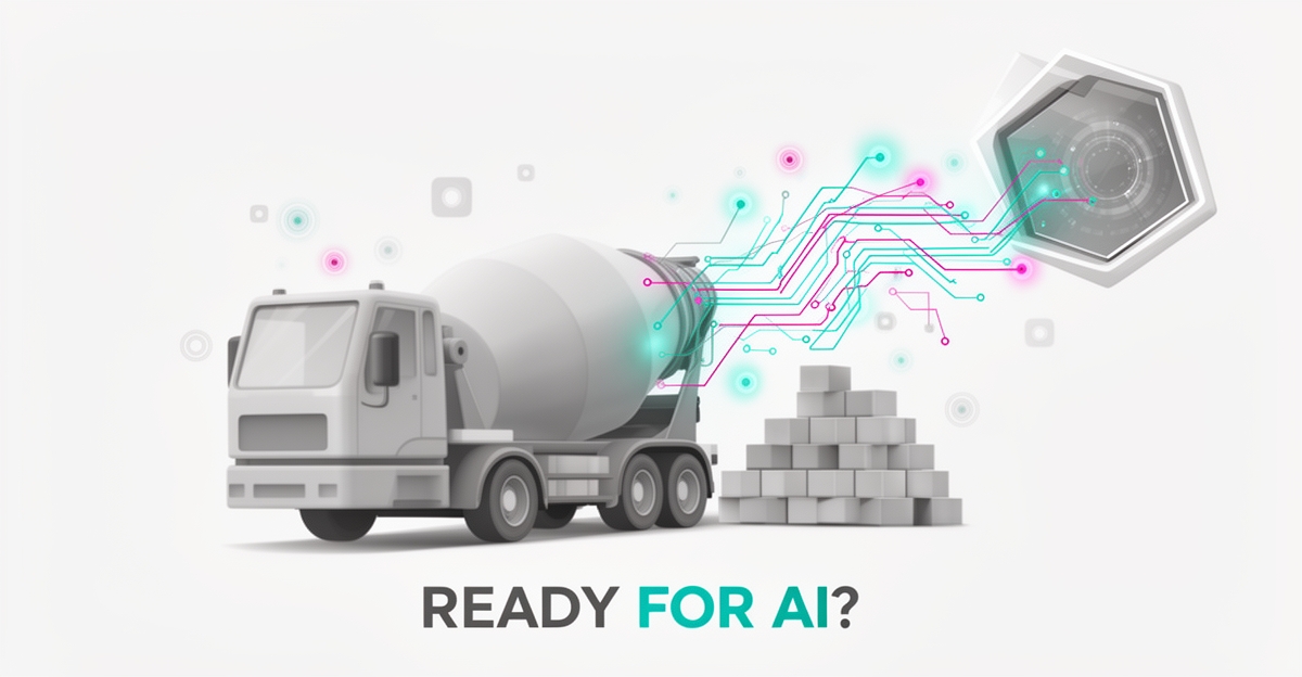 Flat illustration of a concrete mixer truck connected to glowing AI data lines in teal and magenta, symbolizing AI readiness for concrete supply operations.