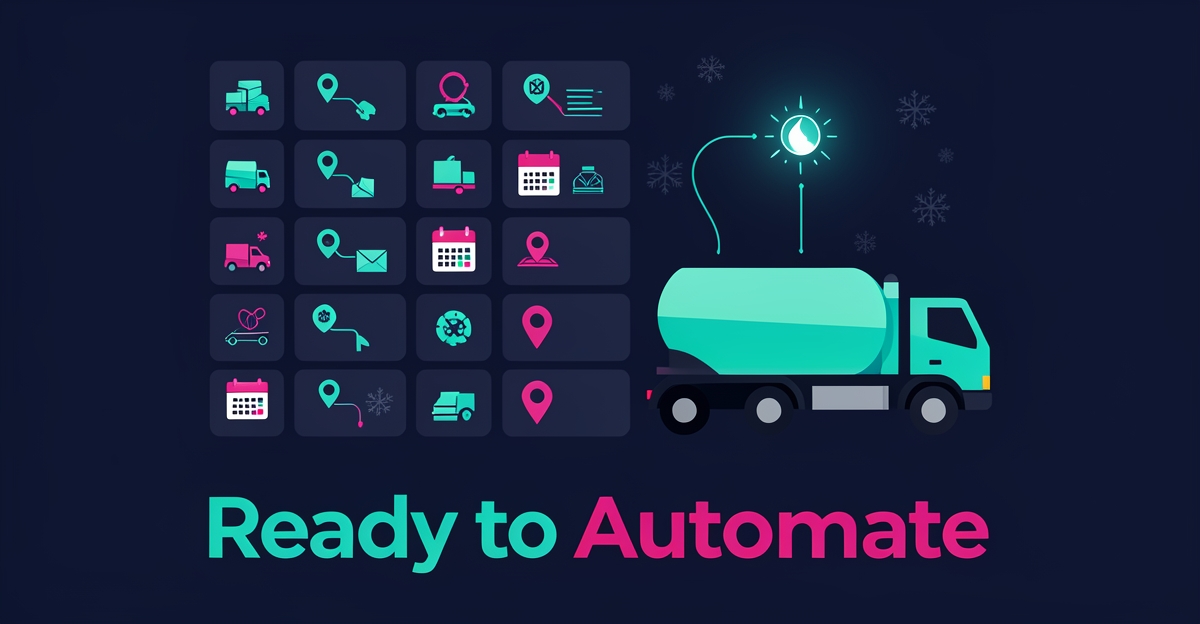 Flat illustration of a heating oil delivery truck and AI-powered dispatch dashboard with route icons in teal and magenta.