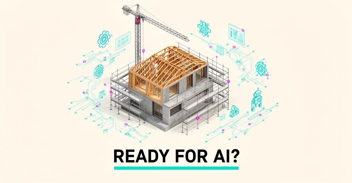 Flat illustration of a modern half-built house surrounded by glowing AI circuit elements in teal and magenta, with headline Ready for AI?