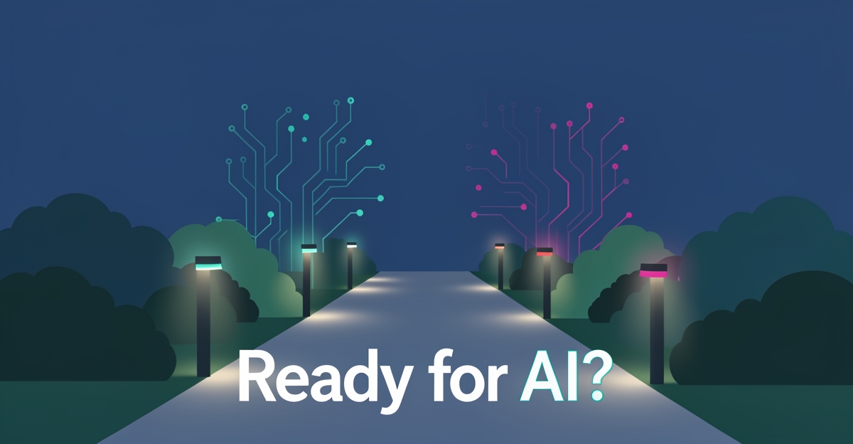 Flat illustration of a glowing landscape garden pathway connected by AI circuit lines in teal and magenta, with the headline 'Ready for AI?'