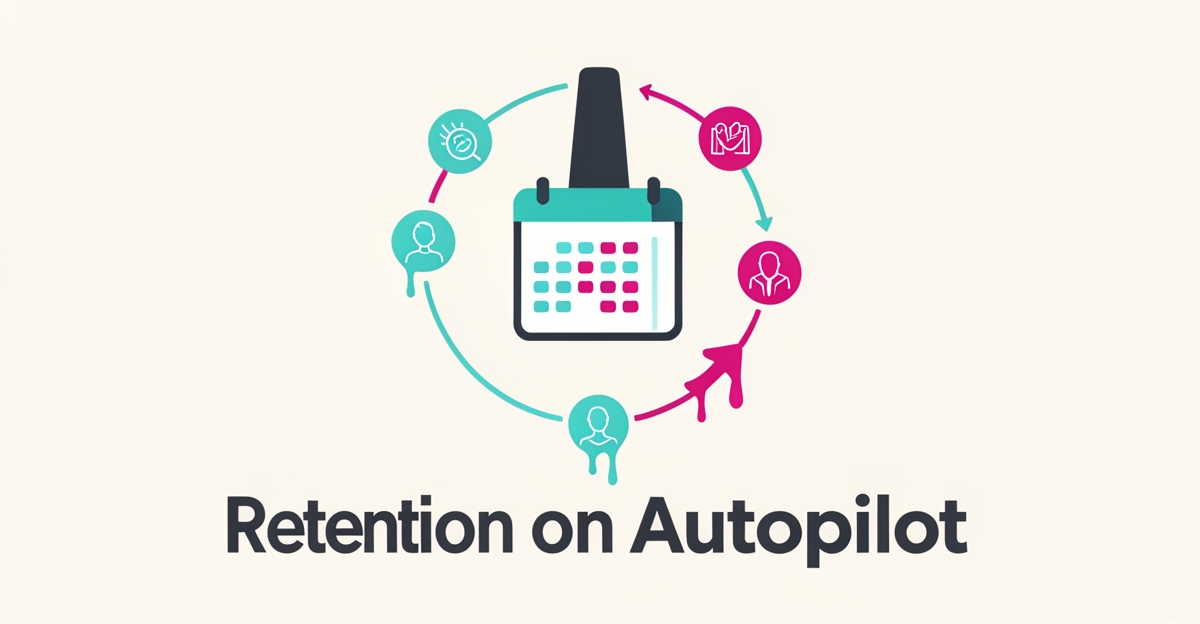 Flat illustration of a nail polish bottle connected to a loyalty loop of calendar and customer icons in teal and magenta, with the headline Retention on Autopilot.