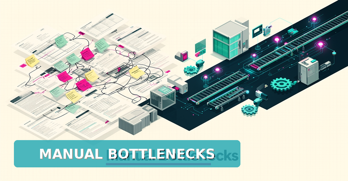 Flat illustration of tangled manual paperwork transforming into streamlined automated digital workflows in teal and magenta, with headline Manual Bottlenecks.