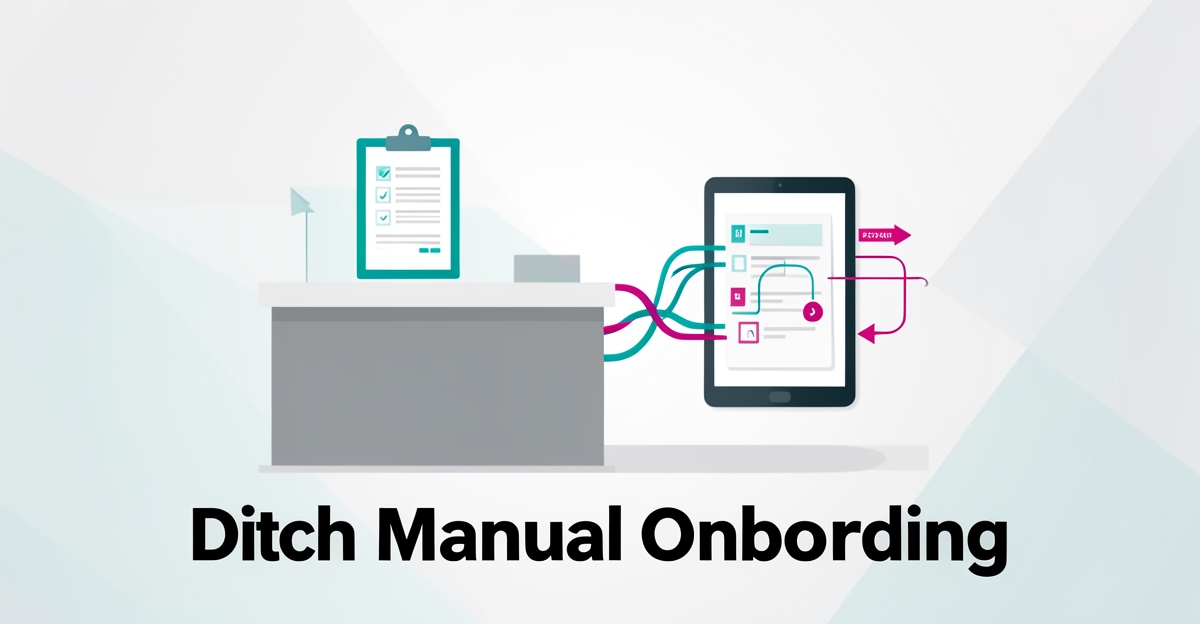 Flat illustration of paper salon intake forms transforming into an AI-powered digital onboarding tablet with teal and magenta accents.
