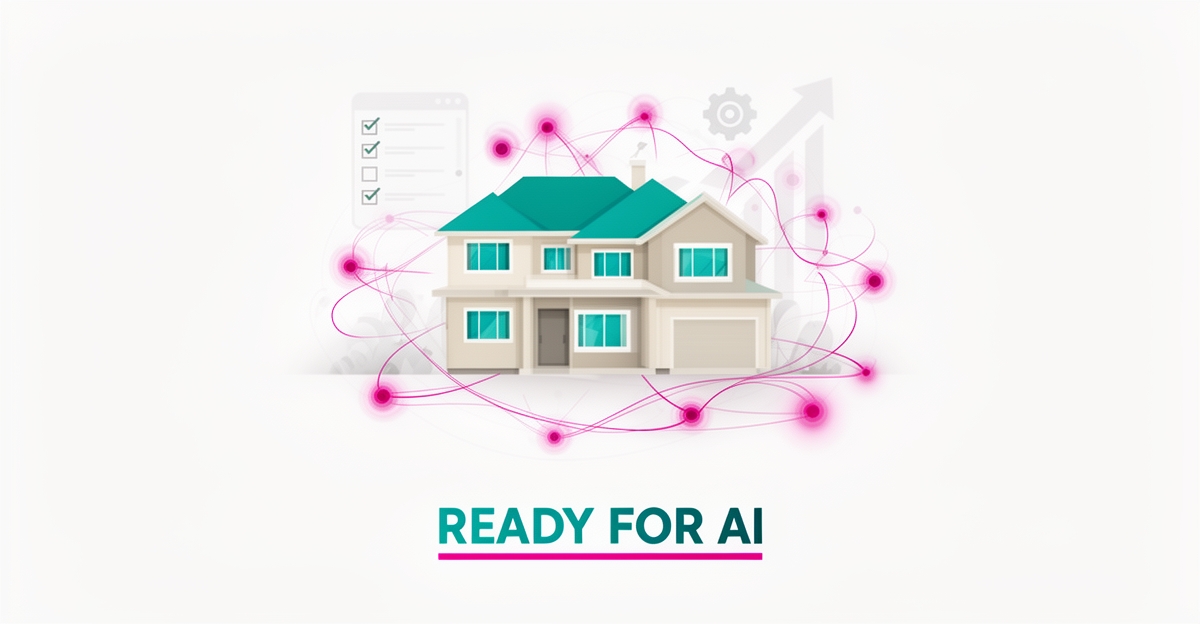 Flat illustration of a modern spec home connected by glowing AI automation lines in teal and magenta with headline Ready for AI.