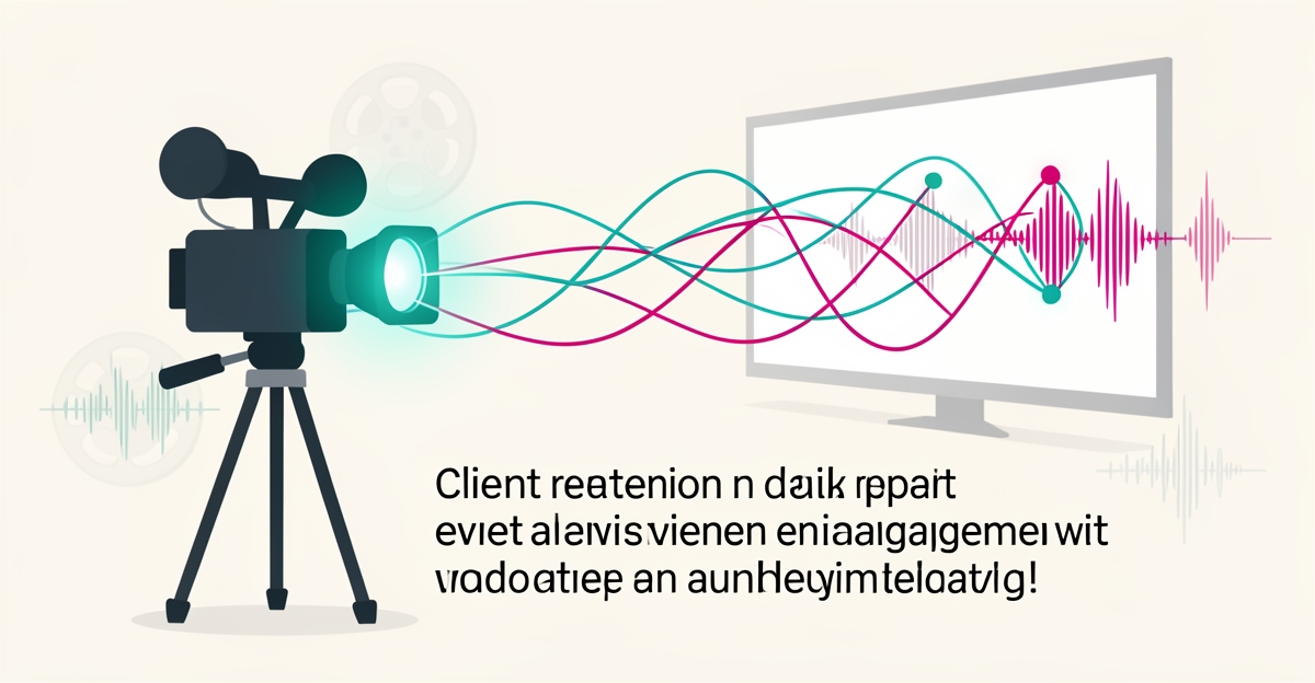 Flat illustration of a video camera with looping teal and magenta connection lines symbolizing client retention, with headline text Keep Clients.