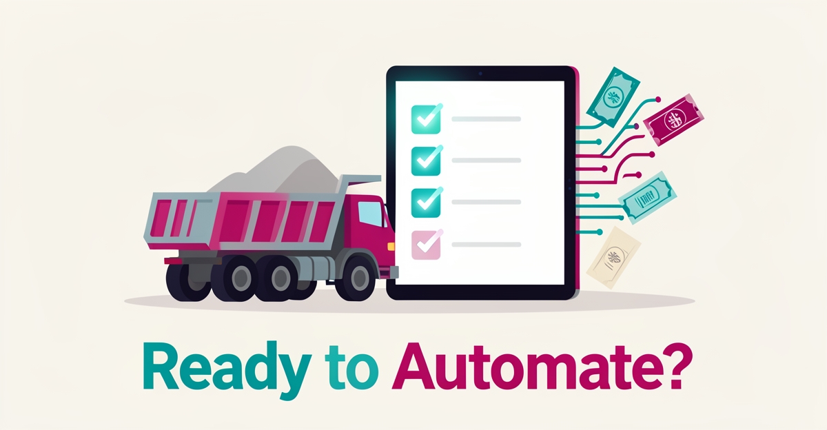 Flat illustration of a gravel dump truck beside a digital work-order tablet with paper tickets turning into data streams in teal and magenta.