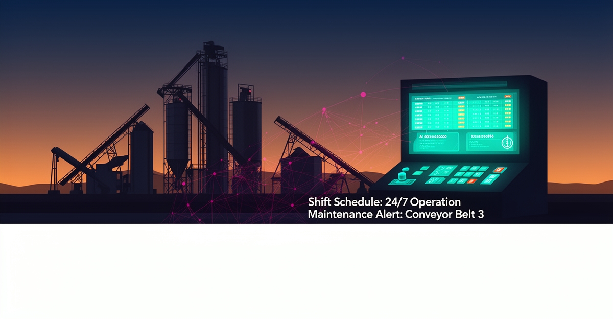 Flat illustration of an asphalt plant at dusk with a glowing AI control room and magenta network overlay, headline reading Smarter Shifts.