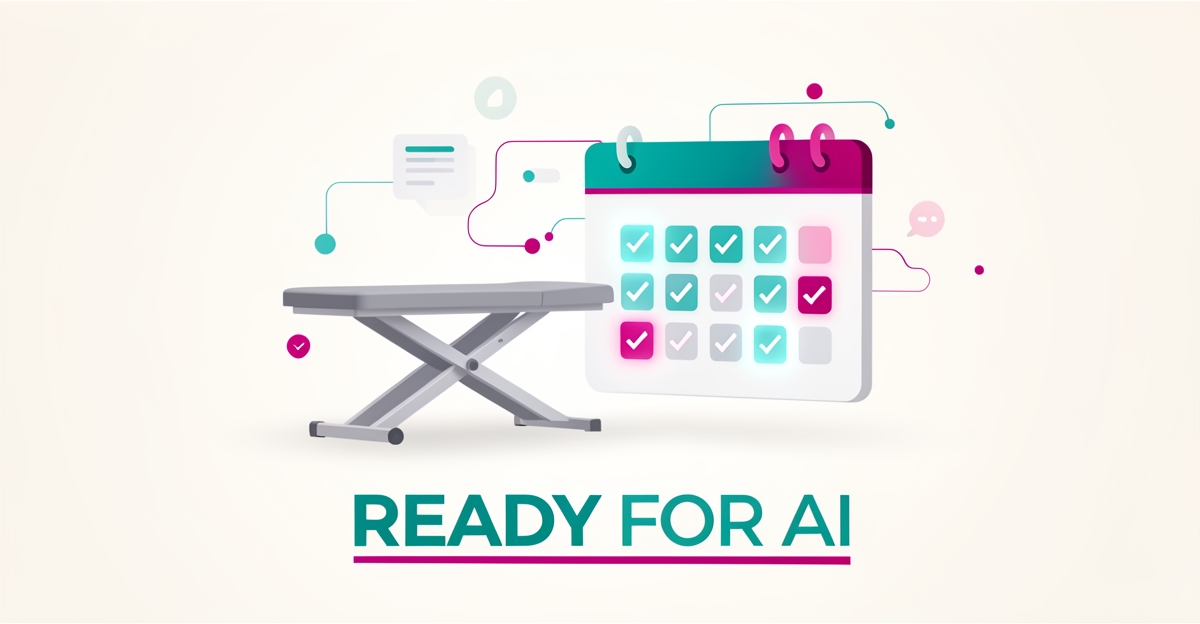 Flat illustration of a chiropractic table beside a glowing AI scheduling calendar with teal and magenta accents, titled Ready for AI.