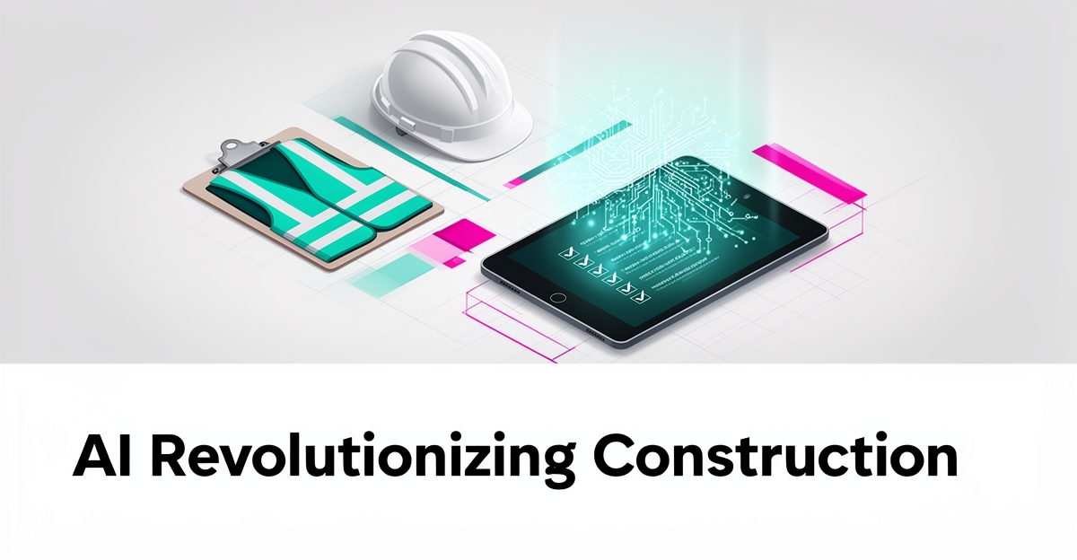 Flat illustration of construction safety gear beside an AI-powered compliance tablet in teal and magenta brand colors.