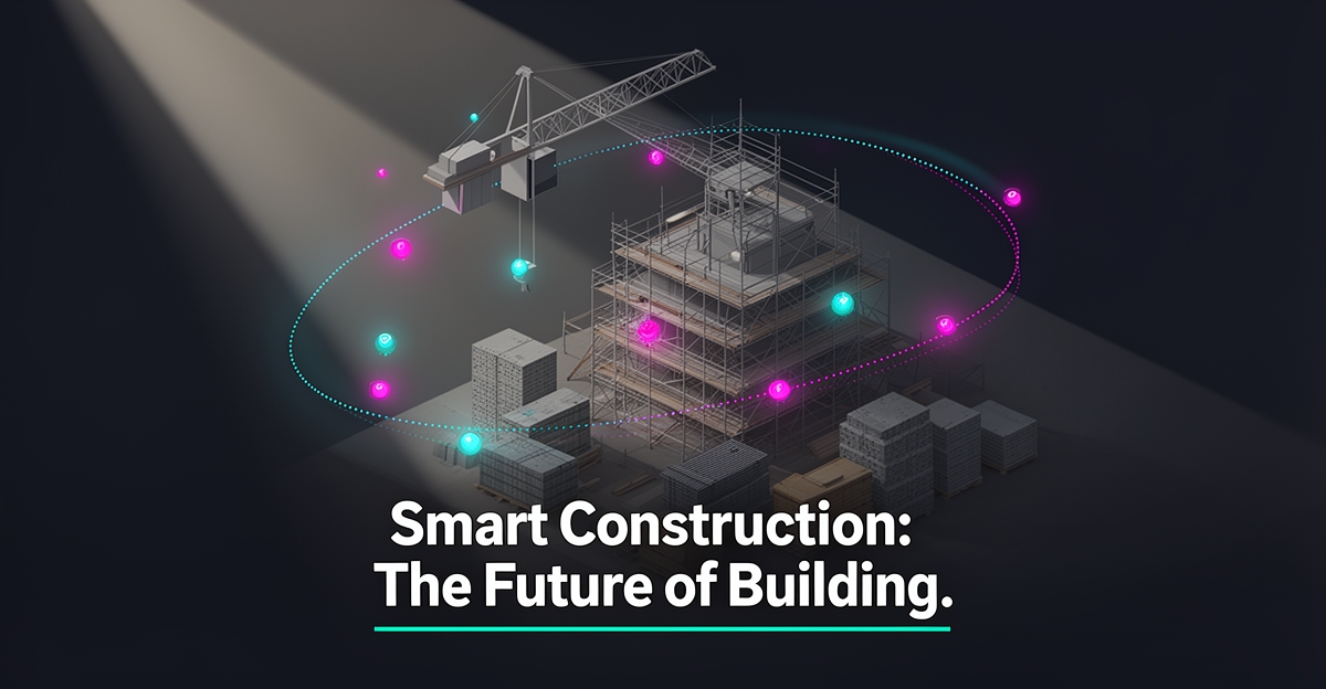 Flat illustration of a construction site at dusk with glowing AI sensor nodes and a digital patrol path in teal and magenta accents.