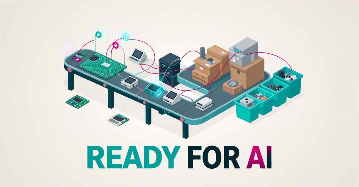 Flat illustration of e-waste recycling workflow with AI data streams in teal and magenta, headline reading Ready for AI.