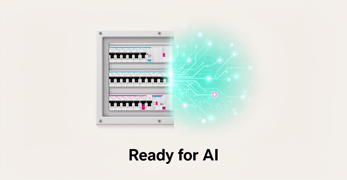 Flat illustration of an electrical panel merging with glowing AI circuit lines, accented in teal and magenta, with the headline Ready for AI.