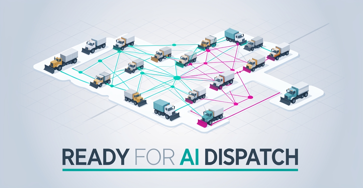 Flat illustration of snow plow trucks on an icy route map connected by a glowing AI dispatch network in teal and magenta.