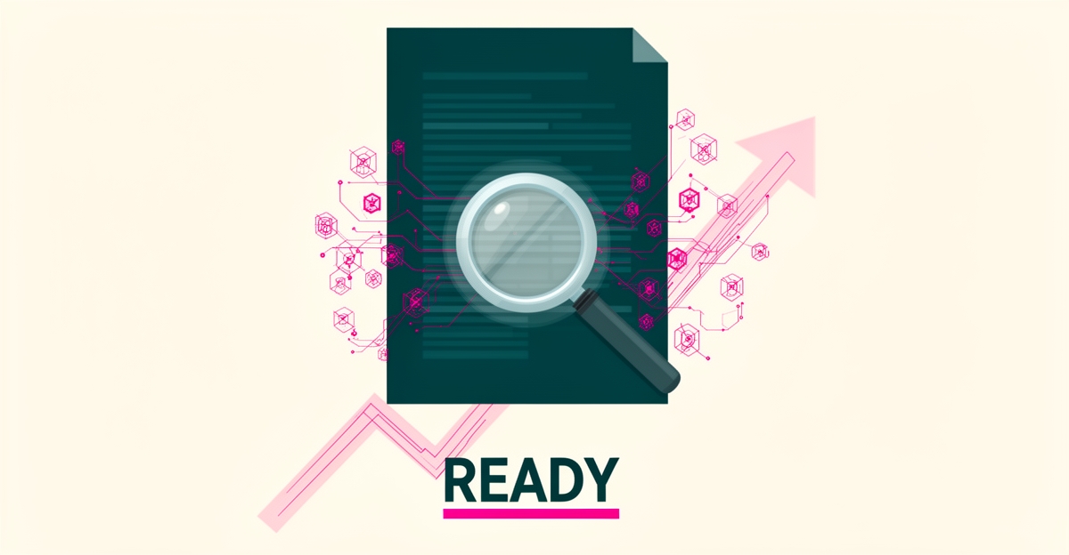 Flat illustration of an insurance policy document with AI circuit overlays and magnifying glass, teal and magenta accents, with headline 'READY'.