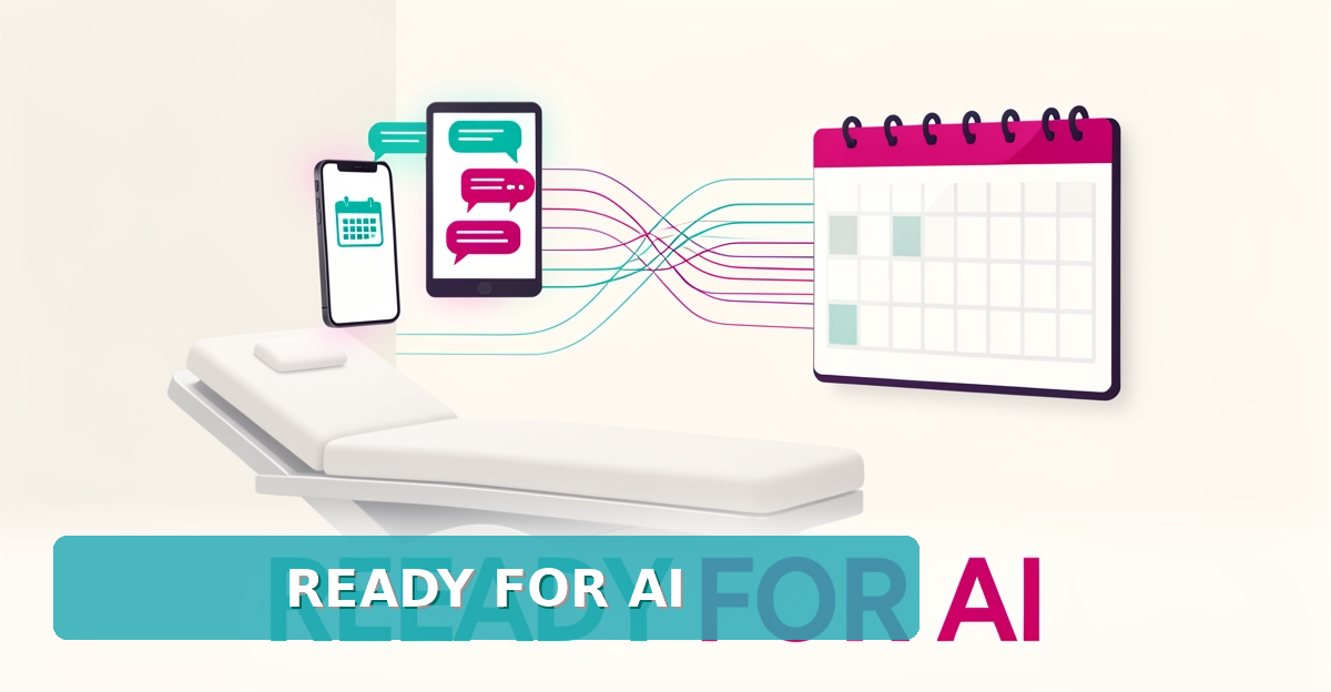 Flat illustration of a microneedling studio treatment room with AI chat and booking icons connected by glowing teal and magenta lines, headlined Ready for AI.