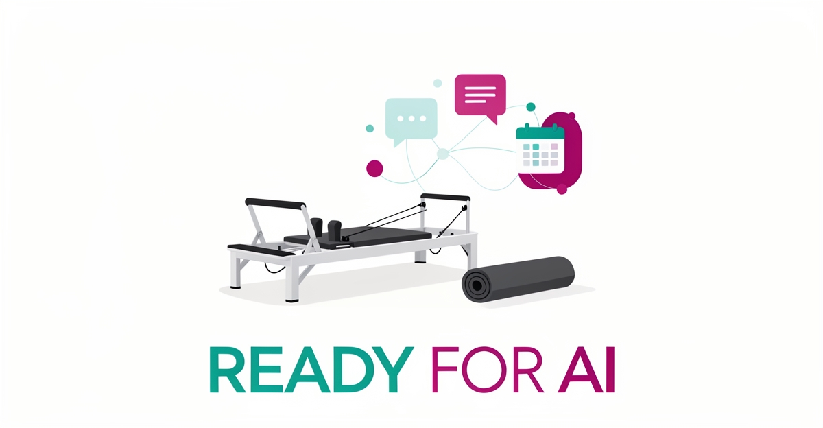 Flat illustration of a Pilates reformer with abstract AI digital elements in teal and magenta, headlined Ready for AI.