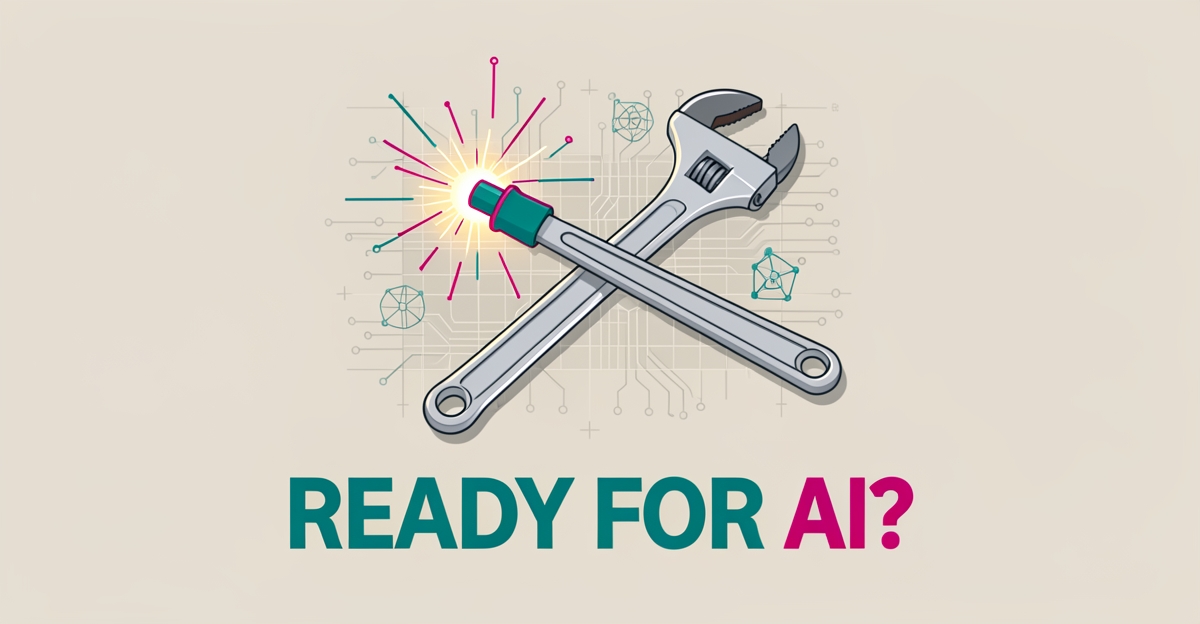 Flat illustration of welding and plumbing tools surrounded by AI circuit lines with headline Ready for AI in teal and magenta.
