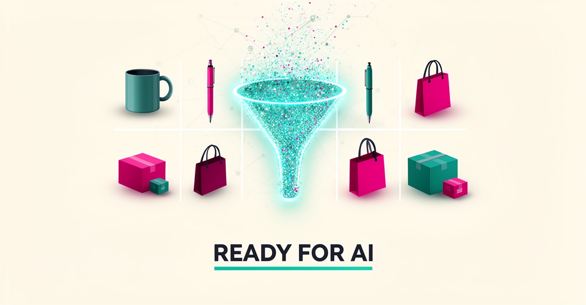 Flat illustration of promotional products being sorted and prioritized by an AI network with teal and magenta accents.