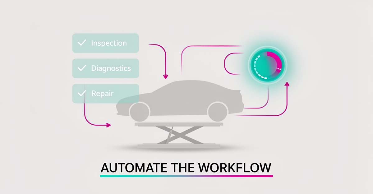 Flat illustration of a car on a lift surrounded by AI workflow automation elements in teal and magenta, with headline Automate the Workflow.