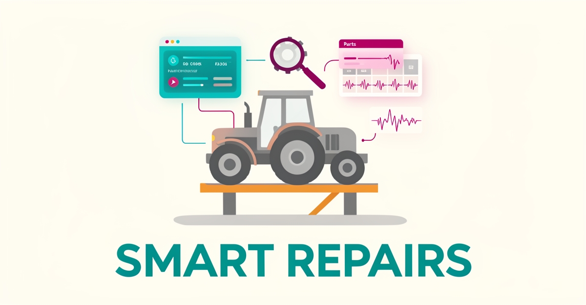 Flat illustration of a tractor on a service lift with AI diagnostic interface elements in teal and magenta, titled Smart Repairs.