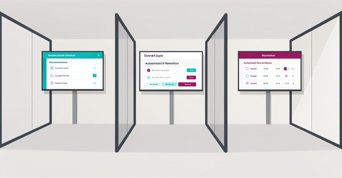 Modern flat illustration of a batting cage facility with digital scheduling screens showing automated reminders, using brand colors #2aabb6 and #d946ef as accents, minimalist professional style