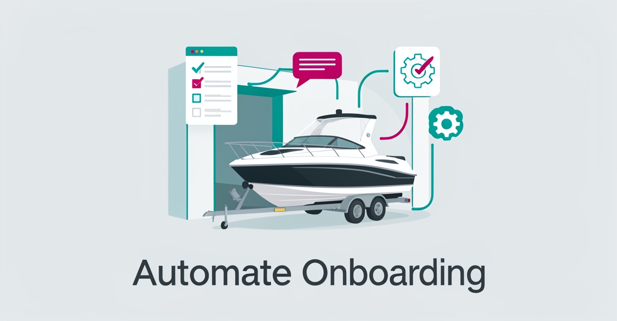 Flat illustration of a boat in storage surrounded by automated workflow icons, with the headline Automate Onboarding across the lower third.