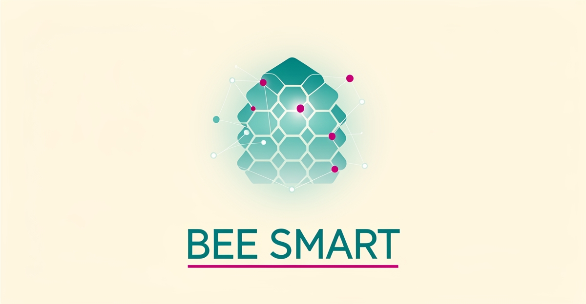 Minimalist flat illustration of a smart beehive with AI sensor nodes in teal and magenta, with the headline BEE SMART.