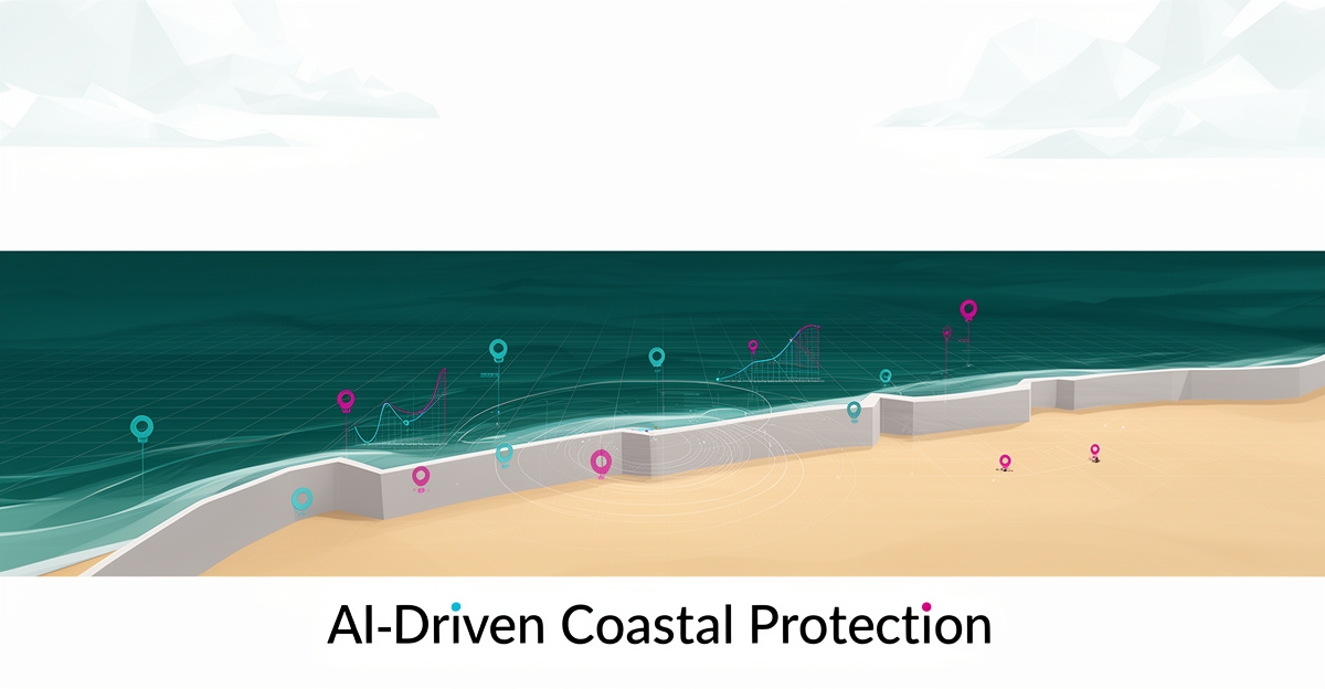 Flat illustration of a teal coastline with a seawall overlaid by AI data-flow lines and prediction arcs in magenta.