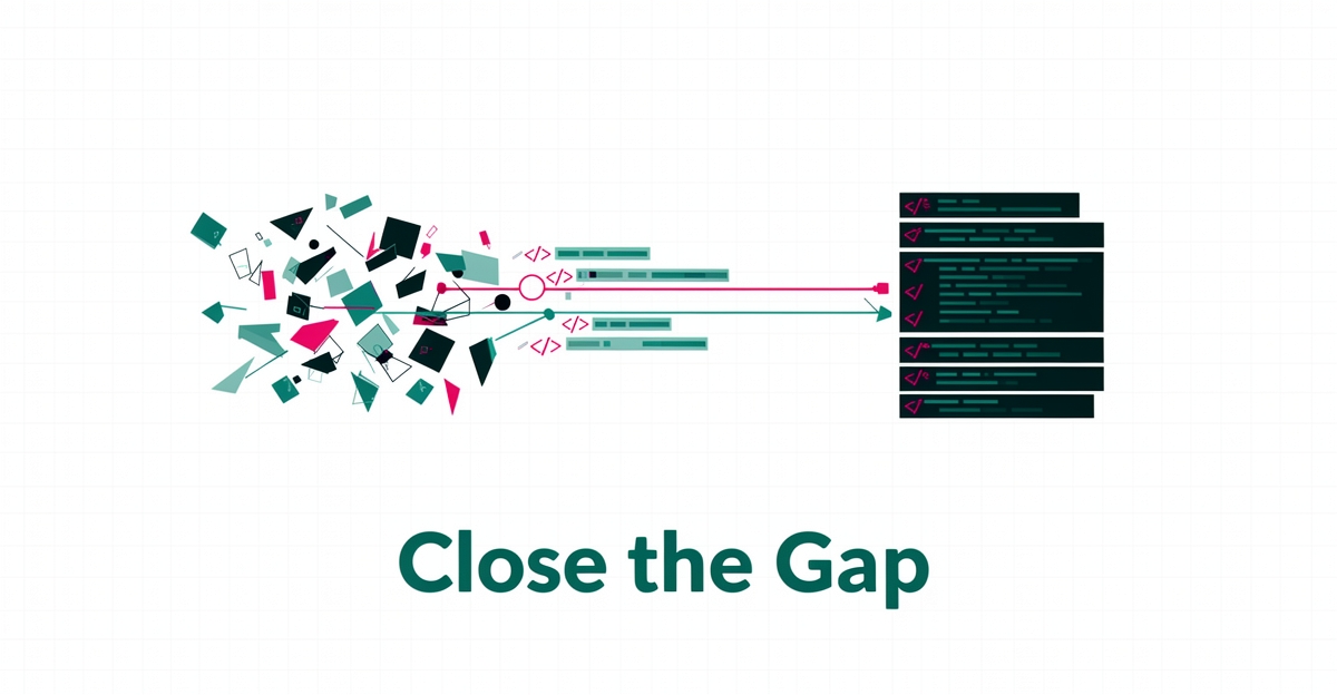 Flat illustration of scattered code fragments transforming into an orderly structure, symbolizing AI reliability gaps, with teal and magenta accents.
