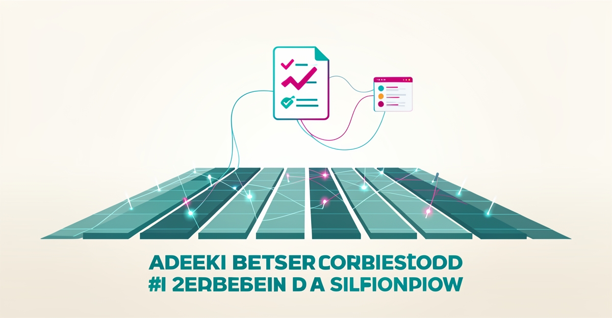 Flat illustration of a digital grid over farm fields with an AI document checkmark, symbolizing automated agricultural compliance reporting.