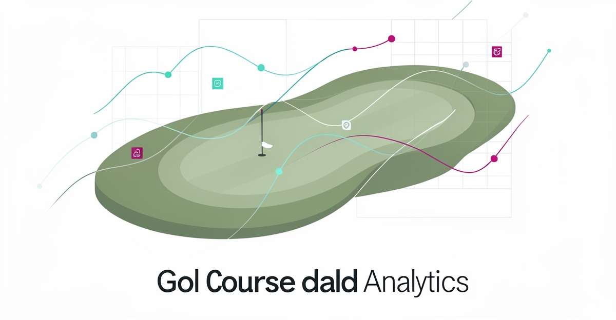 Flat illustration showing golf course data visualization with teal and magenta accents representing AI demand forecasting.