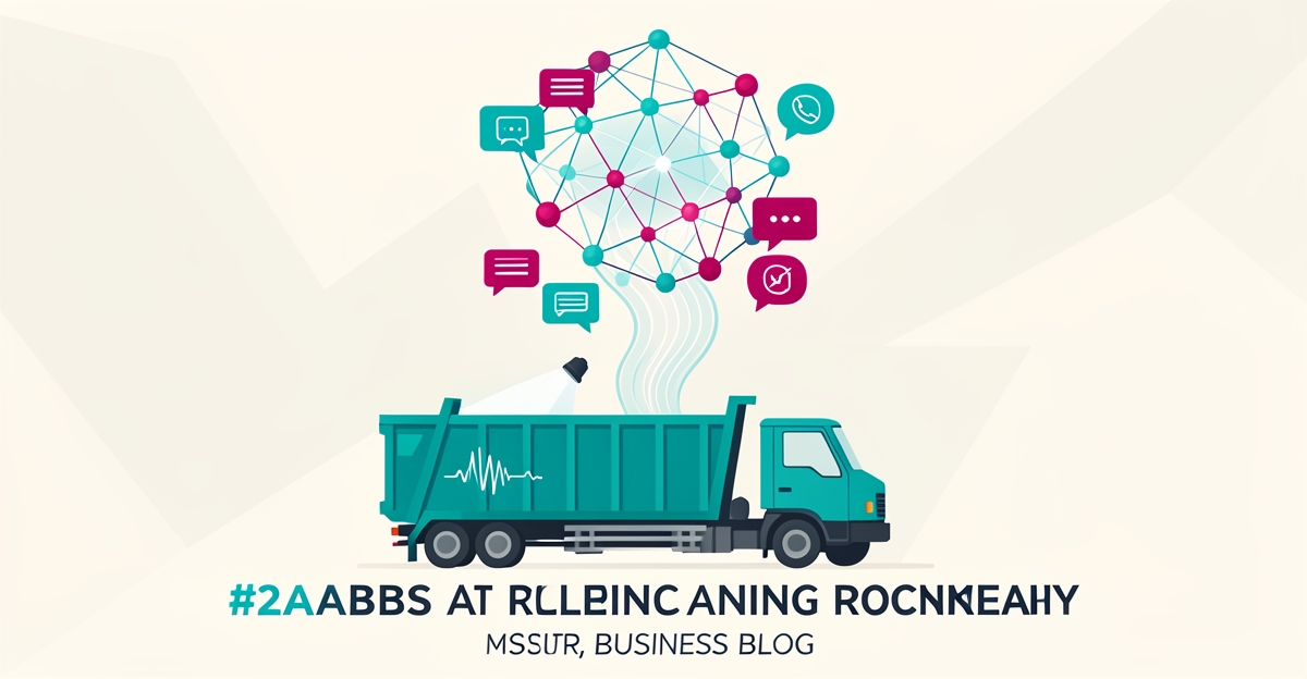 Flat illustration of a dumpster cleaning truck with AI feedback icons flowing into a neural network in teal and magenta brand colors.