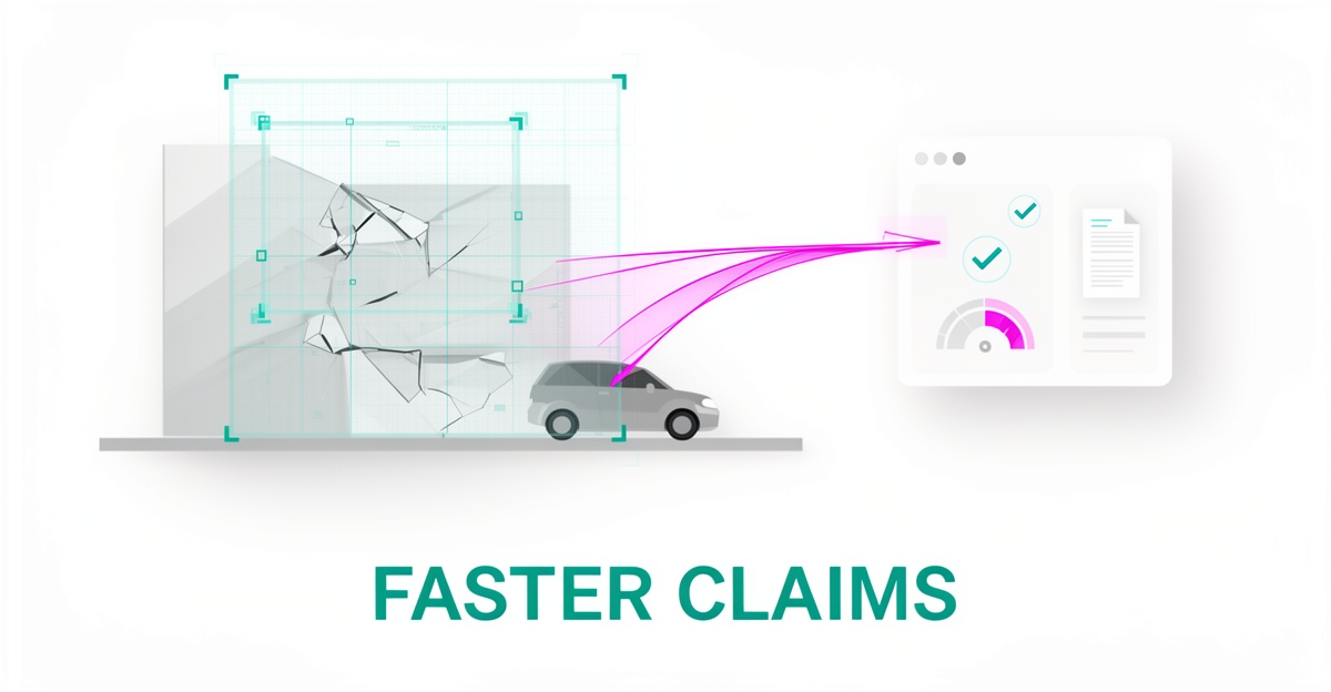 Flat illustration of AI scanning damaged property with teal and magenta accents, symbolizing faster automated claims estimation.