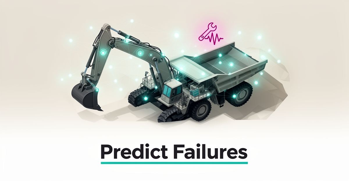 Flat illustration of quarry machinery monitored by a glowing AI sensor network predicting an equipment failure before it happens.