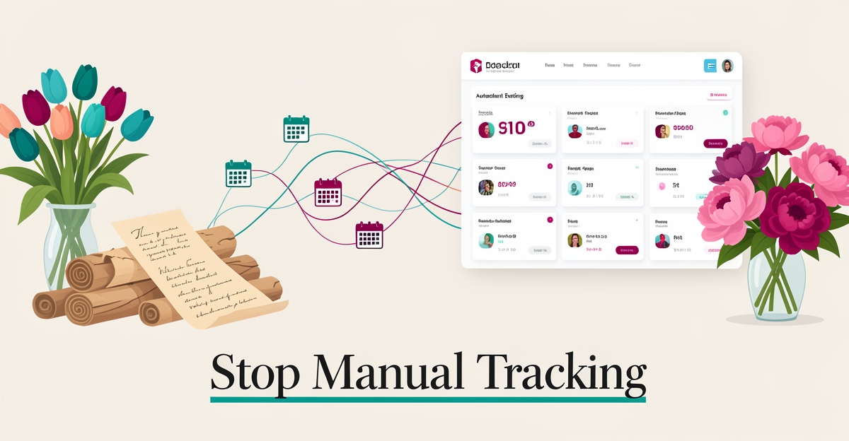 Flat illustration of floral event workspace shifting from paper logs to an automated digital tracking dashboard in teal and magenta.