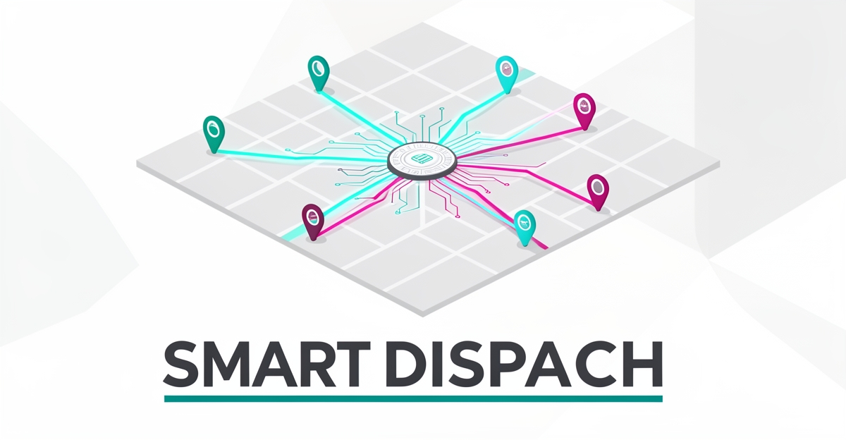 Flat illustration of an AI dispatch map with glowing optimized routes in teal and magenta, headlined Smart Dispatch.