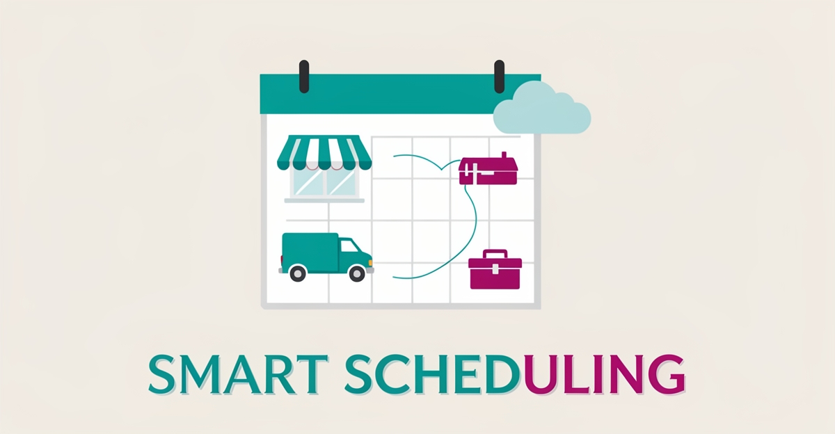 Flat illustration of an AI scheduling calendar linking awning crews, vans, and weather icons with teal and magenta accents.