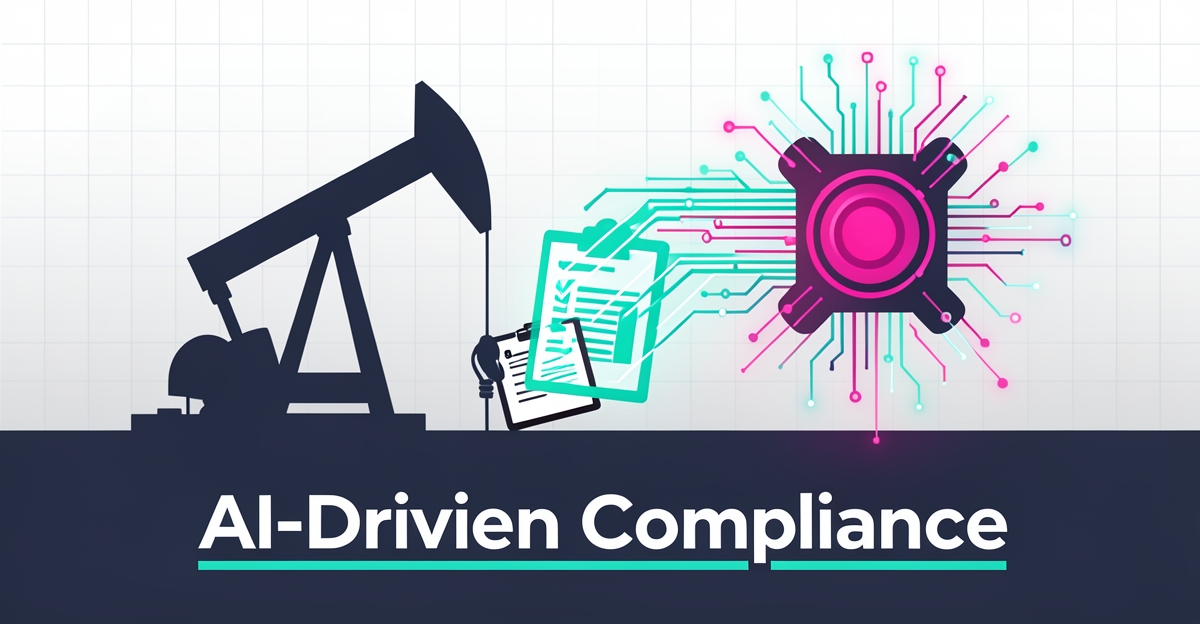 Flat illustration of an oilfield pumpjack with safety documents converting into AI-powered digital data streams in teal and magenta.